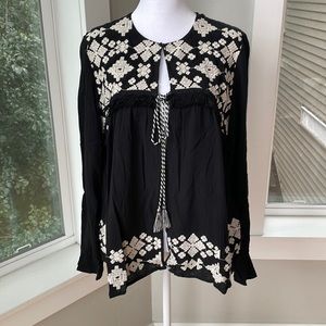 Vintage Mossimo Black White Cotton Gauze Embroidered Tassel Tie Front Top Jacket